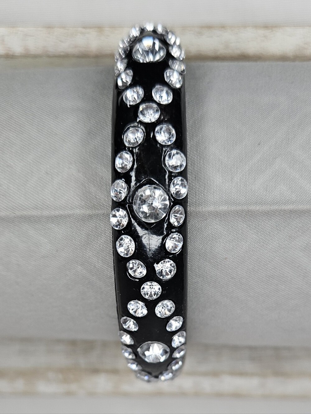 Vintage 90s Rhinestone Jet Black Lucite Bangle Bracelet NOS